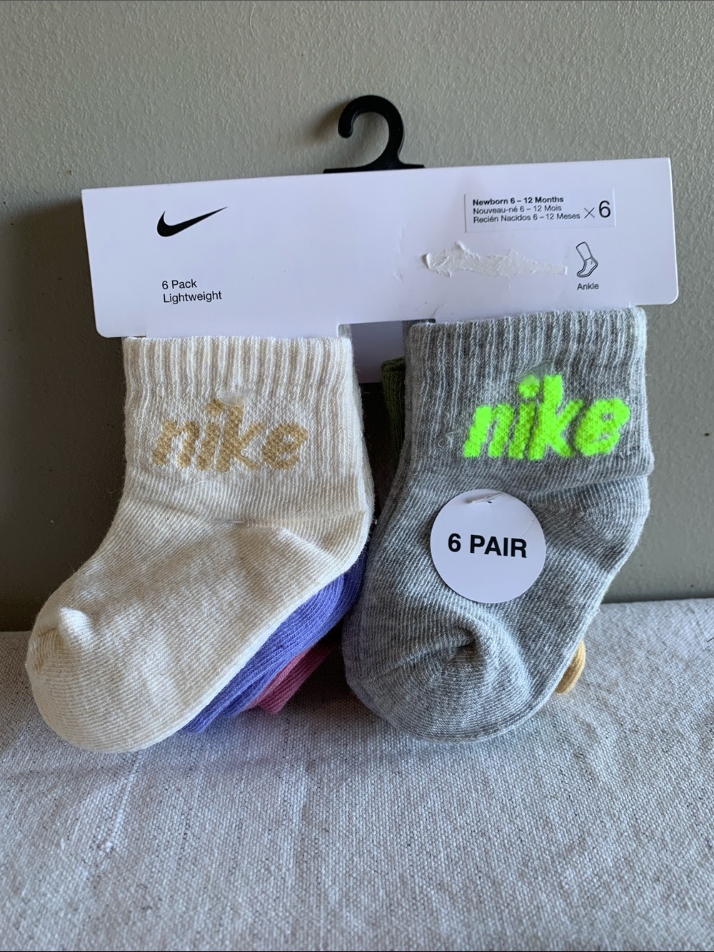 Nike Baby Ankle Socks 6-Pack – Cream, Gray, Purple, Pink & Neon Green Logo